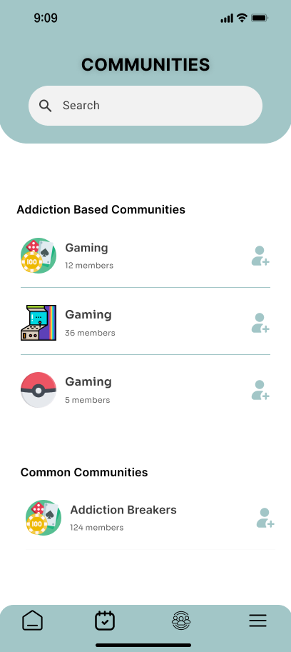 Rewire communities interface showing different addiction support groups